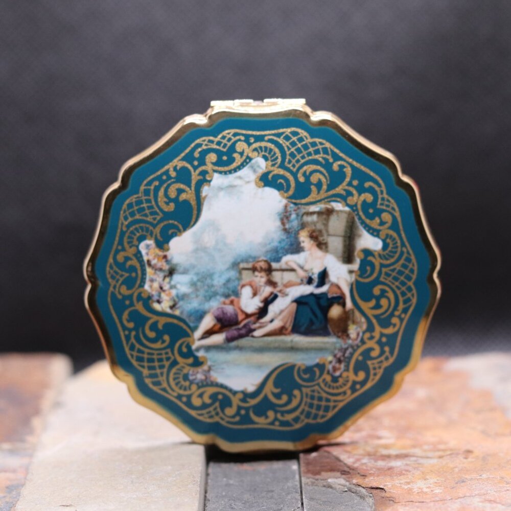 Vintage Stratton Powder Compact – Teal and Gold, Victorian Scene, Scalloped Edge
